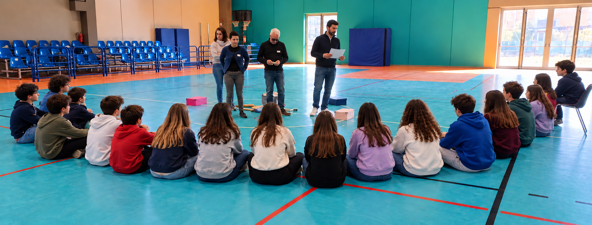 Un gruppo di studenti e formatori riuniti in palestra