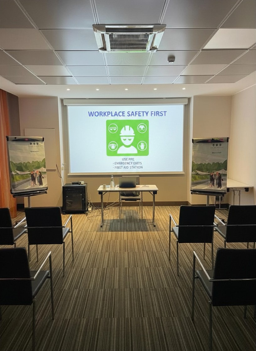 Aula e materiale predisposti per un incontro di formazione sulla sicurezza sul lavoro
